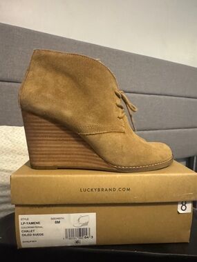 Lucky Brand Tan Suede Lace-Up Wedge Booties
